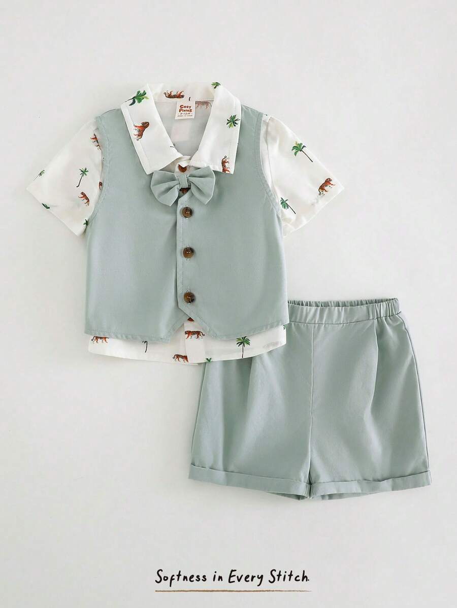 Cozy Pixies 3 قطع بدلة رسمية للأطفال الصبيان تتكون من قميص بياقة بولو بنمط غزال كرتوني مع ربطة عنق، صدرية بدون أكمام، وشورت بخصر مطاطي - متعدد الألوان - مشاهدة 1