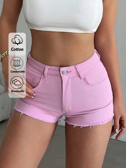 EURMUSE %100 Cotton Women Solid Color Frayed Hem Denim Shorts Women S Clothes Woman S Summer Clothes Women S Bottoms Women Short Sets