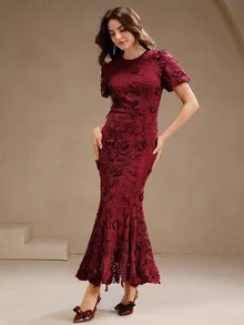 Anewsta 女式夏季新款碎花蕾丝连衣裙，优雅派对时尚 - 酒紅色 - 查看 7