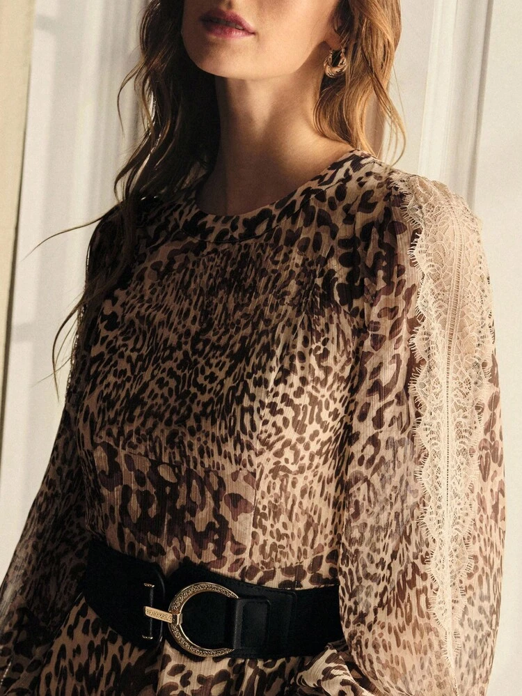 LEOPARD PRINT LANTERN SLEEVE LACE INSERT ASYMMETRICAL HEM DRESS
