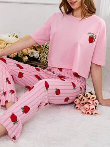 RueChic Cotton 2Pcs Heart Printed Detail Short Sleeve Shirt And Flywheel Detail Long Bottoms PJ Set - Pink - View 5