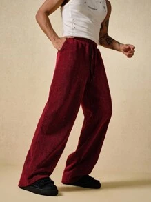 ROMWE MEN Pantalones de chándal brillantes de punto con cordón, de moda casual y versátiles para hombres - Burdeos - Ver 5