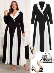 Ellevyn Vestidos de mujer talla grande, elegantes con bloque de color, cuello de solapa, vestidos de oficina para otoño e invierno, atuendos de oficina para maestras, ropa de oficina para mujeres de talla grande, atuendos de festival para ropa de otoño de mujeres, atuendos para salir, vestidos para mujeres, vestidos elegantes de otoño para mujeres, vestidos elegantes para mujeres de talla grande, vestidos largos para mujeres de talla grande, vestidos de manga larga