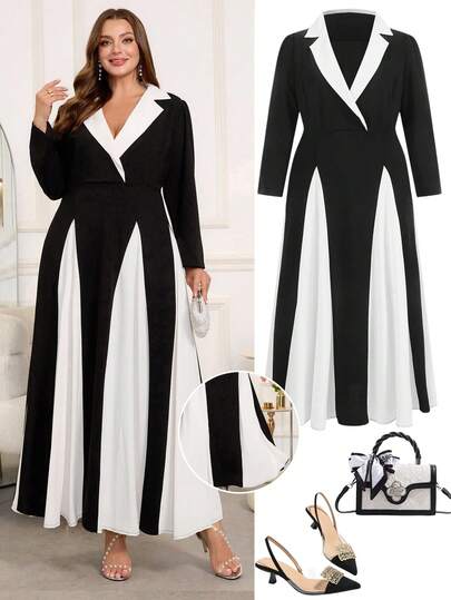 Ellevyn 大码女装连衣裙，优雅拼色，翻领，工作服 秋冬办公室女士连衣裙 女士教师装 女士办公室装 大码女装 女士节日装 秋季服装 外出装 女士连衣裙 女士连衣裙 女士优雅秋季连衣裙 女士优雅连衣裙 大码连衣裙 女士超长连衣裙 大码女式长袖连衣裙