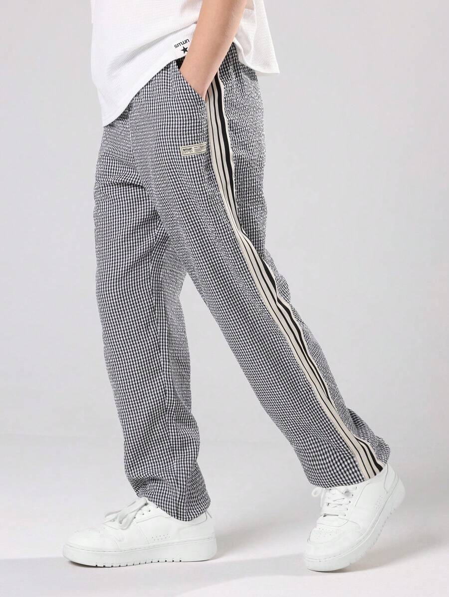 SUMWON Classic Pull On Gingham Check Pants With Side Stripe Details Elastic Waistband Tween Boys Everyday Casual Wear All Season Comfort School Wear - Black - View 1