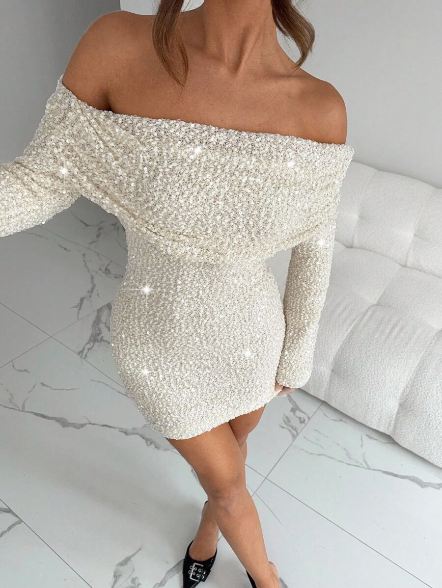 Siren Gaze Sexy Off Shoulder Flare Sleeve Bodycon Mini Dress Winter Luxury Chic Sequin Glitter Party Spring Shiny - Apricot - View 1