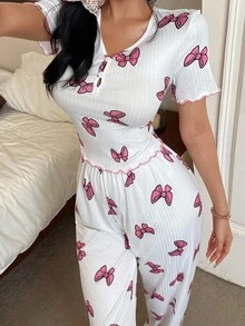 SHEIN Bộ đồ ngủ dệt kim tay ngắn cổ chữ V in nơ màu hồng dành cho nữ Bộ đồ ngủ hai mảnh dành cho nữ Bộ đồ ngủ nơ Bộ đồ ngủ dễ thương Bộ đồ ngủ phù hợp - trắng - Xem 3