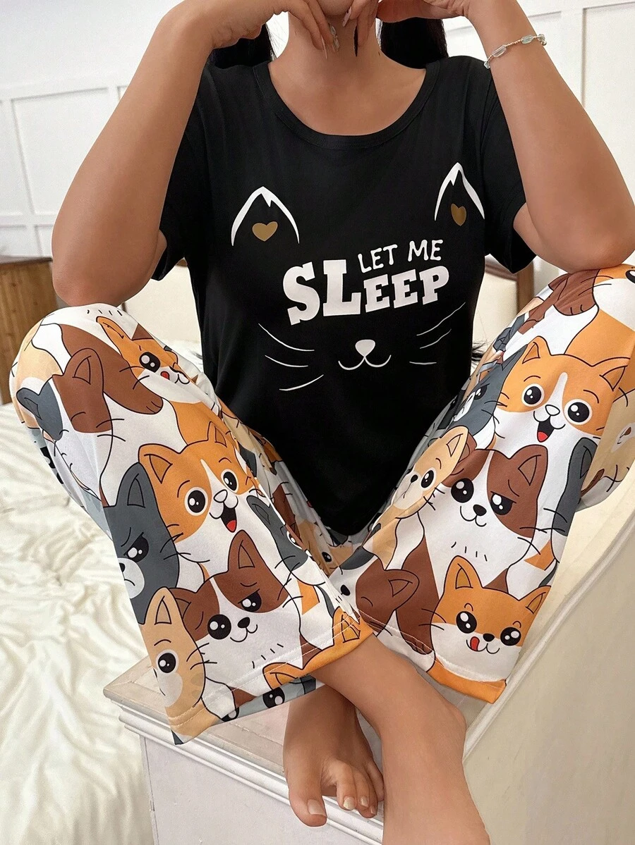 SHEIN Conjunto de pijama de mujer con estampado de gato, de manga corta y pantalón - Multicolor - Ver 1