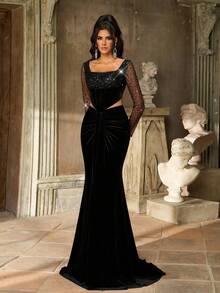 Aureia Elegant Luxurious Beaded & Sequin Splice Elastic Velvet Sheer Long Sleeve Ruched Mermaid Maxi Dress With Train, Suitable For Wedding, Party, Prom, Vacation, Formal Gown (Heavy Embellished), Black