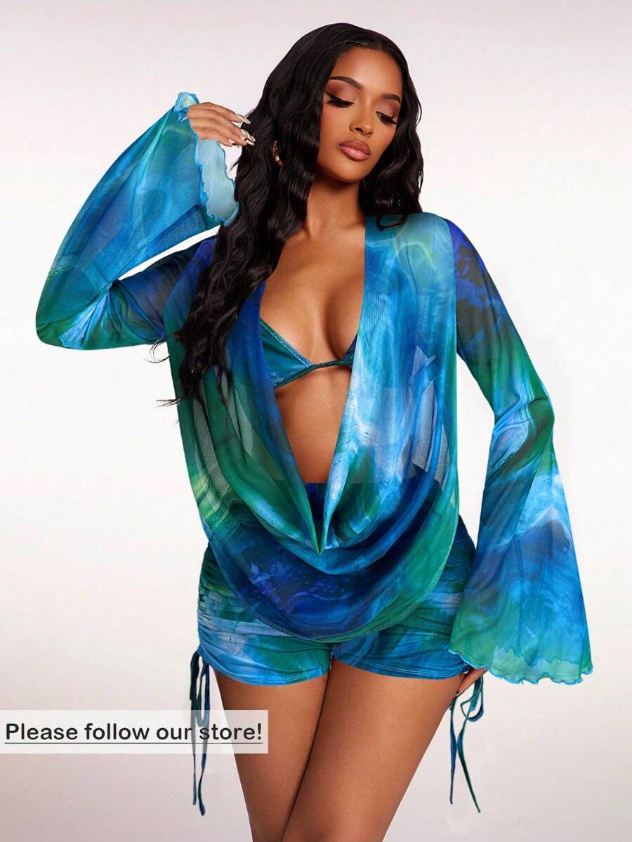 Radiana Women's Summer Sexy Sheer Mesh Marble Tie-Dye Floral Print Casual Vacation Outfit - Backless Long Sleeve Draped Neck Cover Up + Spaghetti Strap Bra Top + Drawstring Ruched Shorts 3-Piece Set, Island Holiday Beach Wear, Bikini Cover Up