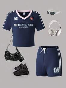 Outfit casual per ragazze pre-adolescenti con maglietta a maniche corte scollo a V con stampa di lettere e pantaloncini - Blu - Visualizzare 1