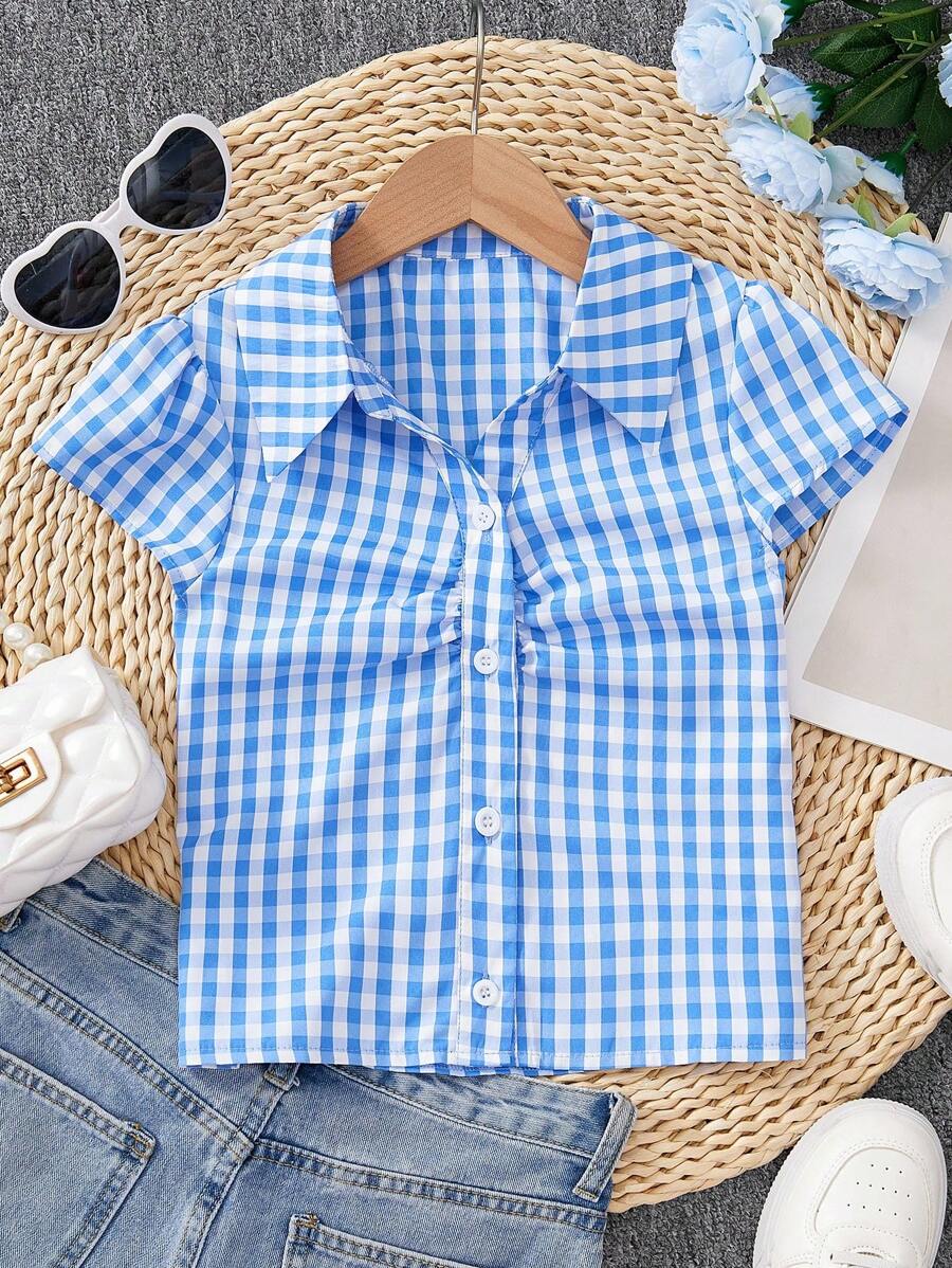 قميص كارديجان أنيق بياقة عالية وأكمام قصيرة مخطط باللون الأزرق للبنات