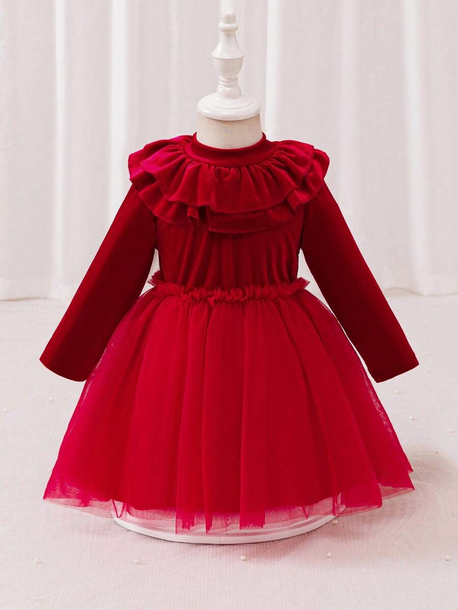 Glamorique Kids Baby Girls' Long Sleeve Dress,Mesh Patchwork Puff Ruffle Collar,Dark Red Autumn Elegant Birthday Christmas Dress Fall Winter,Cute And Sweet - Red - View 1