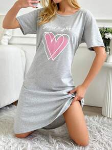 EURMUSE Chemise de nuit 100% coton avec slogan graphique et imprimé cœur - Gris pâle - Voir 4