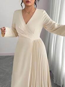 Elenzga 大码女式优雅交叉 V 领腰部褶皱下摆拼接褶皱松紧腰长袖长裙，适合办公室、通勤、法式浪漫下午茶派对