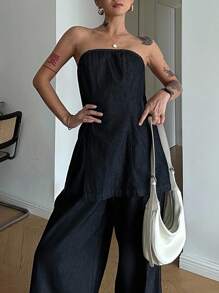 DAZY High-End Denim 2 Pieces Set With Strapless Cropped Top & Casual Pants, Chic Style - Dark Wash - View 4