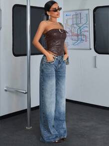 RueChic 女士低腰阔腿牛仔裤 - 淺色水洗藍 - 查看 3