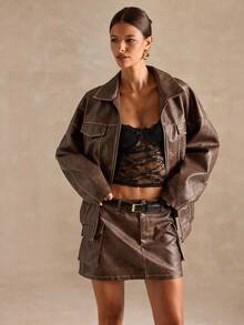 SHEIN BAE Chaqueta casual y oversize de unicolor para mujer para otoño/invierno, chaqueta de invierno para mujer, chaqueta burdeos, abrigos, chaqueta de PU casual, chaqueta oversize lavado premium marrón con detalle de costura