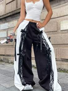 Coolane Quần nỉ ống rộng màu đen phối ren nơ tương phản phong cách đường phố cổ điển Y2K cho lễ hội Rave mùa thu dành cho nữ - Đen và trắng - Xem 2