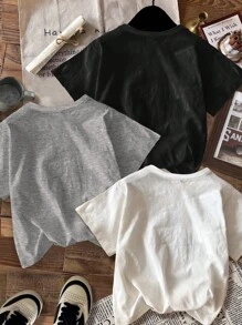 SHEIN Leap Crew 3pcs/Set Young Boy Casual Minimalist Round Neck Short Sleeve T-Shirt, Suitable For Summer, School, Campus, College - Multicolor - View 2