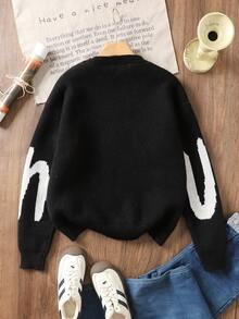 Teen Boy Long Sleeve Sweater, Letter Jacquard Black & White