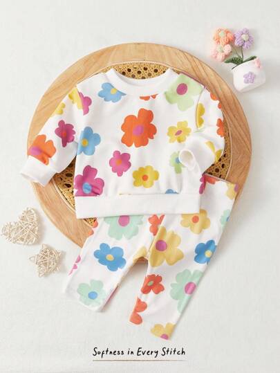 Cozy Pixies 2pcs Baby Girl Colorful Floral Print Crew Neck Long Sleeve Sweatshirt And Pants Set