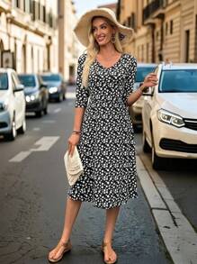 EMERY ROSE Plus Size Women's Floral V-Neck 3/4 Sleeve Casual Summer Dress Fall Clothes Fall Dresses For Women Fall Outfits Women Autumn Clothes Fall Outfits Autumn Winter Clothes For Women Winter Teacher Outfits For Women Oing Out Tops Women Business Casual Woman Usiness Casual Outfits Women Usiness Casual Outfits Women Country Country Outfits Women Old Money Basic Teacher Outfits For Women Oing Out Tops Women Back To School Fall Women Clothes