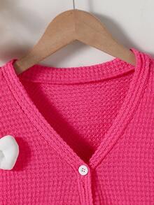 青少年女孩休闲花卉印花针织开衫夹克，秋季、假日、夏季、旅行 - 玫紅色 - 查看 4