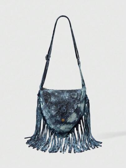 Fairycore Bolso cruzado con estampado de sol y luna, estilo hippie apocalíptico con flecos, bolso hobo para festival de música, hecho a mano con patrón y tinte aleatorios, bolso de hombro personalizado para la calle