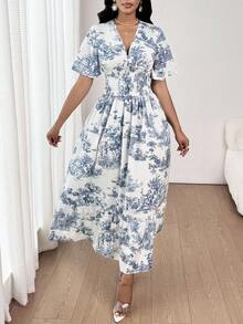 SHEIN Lady 女士优雅休闲度假通勤蓝白碎花撞色印花修腰V领短袖中长连衣裙春夏秋季装 - 藍白色 - 查看 7