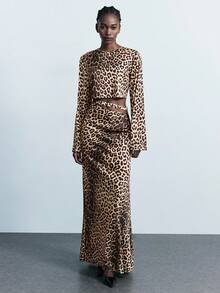 Maija 女式豹纹圆领喇叭袖镂空腰部修身长裙 - 棕色 - 查看 5
