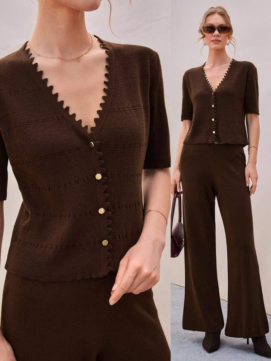 CLARA VERO 女士金色纽扣开衫和毛衣针织裤两件套