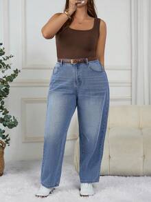 SHEIN CURVE+ 大码蓝色休闲口袋百搭女式牛仔裤，夏季 - 藍色 - 查看 8