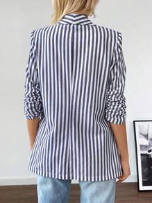 SHEIN Frenchy Áo khoác Blazer nữ thời trang thường ngày, kiểu dáng cổ điển, sọc vải lanh, tay áo ba phần tư, xếp nếp, quần áo công sở, quần áo giáo viên, áo khoác Blazer sọc, áo khoác Blazer giáo viên, quần áo mùa thu - Nhiều màu - Xem 4