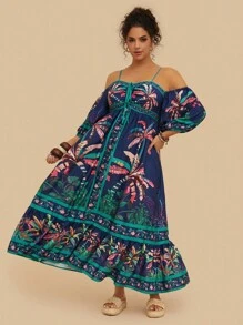 Levarali Plus Size Women's Vintage Boho Casual Bohemian Style Tropical Plant Print Long Dress Beach Vacation Party Navy Blue Summer - Multicolor - View 5
