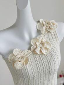 SHEIN Unity Y2K Hand Crochet Floral Textured Asymmetric Shoulder Knitted Top - Beige - View 6