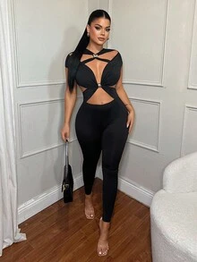 SHEIN SXY 时尚黑色镂空性感紧身连衣裤 - 黑色 - 查看 5