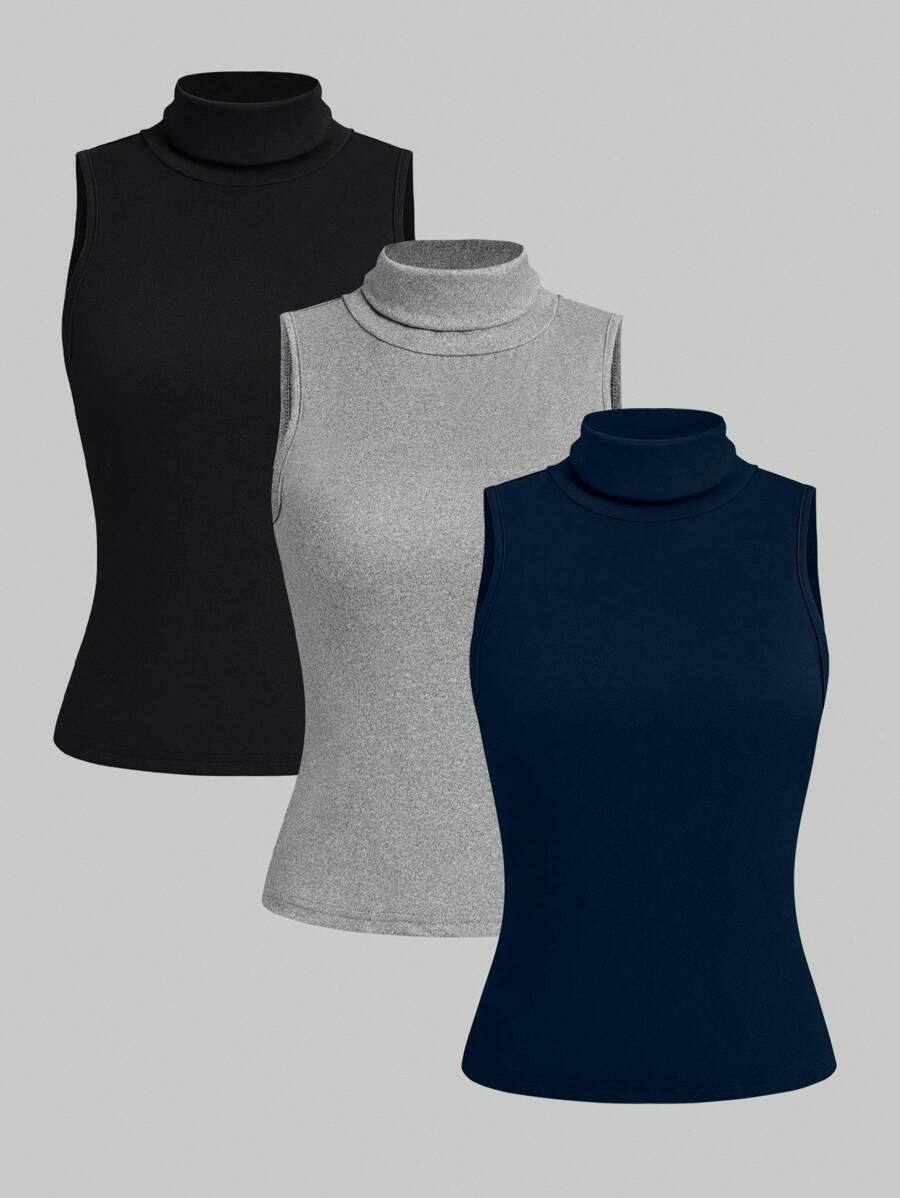 SHEIN LUNE 3件套女士休闲纯色简约高领背心套装 - 彩色 - 查看 1