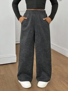 Sparklyn Tween Girls' Casual All-Match Versatile Street Pocket Loose Wide Leg Elastic Waist Washed Snow Fleece Sweatpants Fall Winter - Black - View 6