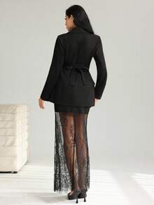 Modelyn Conjunto de 2 peças de blazer elegante com cintura marcada e saia lápis de renda contrastante para mulheres - Preto - Ver 6