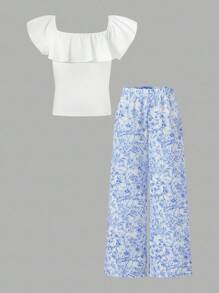 Bộ 2 món họa tiết hoa cho bé gái: Áo crop top nhún bèo và quần ống rộng họa tiết hoa, thích hợp cho đám cưới, phong cách dễ thương, thiết kế họa tiết hoa/trang trí một phần - Nhiều màu - Xem 5