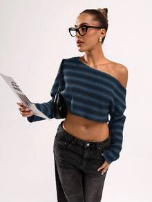 SHEIN BAE 女式条纹不对称肩长袖休闲上衣 - 寶藍色 - 查看 7