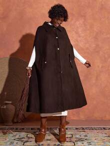 EURMUSE Women's Solid Color Single-Breasted Cape Sleeve Loose Winter Jacket - Brown - View 3