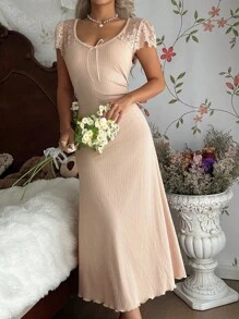 SHEIN 蕾丝拼布罗纹针织女式长款睡袍 - 杏色 - 查看 6