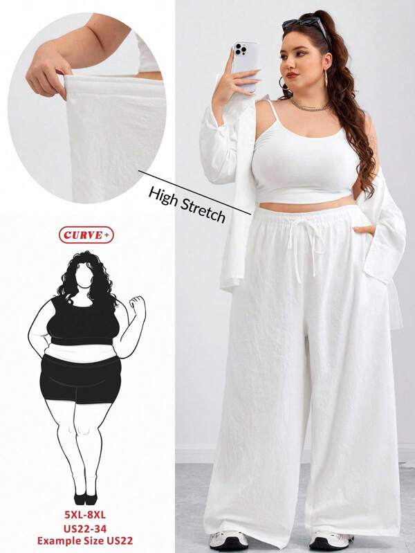 SHEIN CURVE+ Curves Plus Size/Chool Clothes/Back To School Clothes /Back To SchoolWomen Plus Size 100% Cotton Casual Drawstring Straight Leg Pants,Fall Clothes For Women