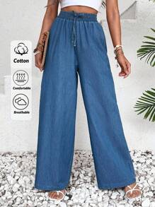 EURMUSE Textured Blue Pants With Elastic Waist - Blue - View 1