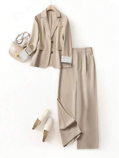 Franclia 女士初秋单排扣修身袖条纹拼布长袖西装外套和阔腿裤套装