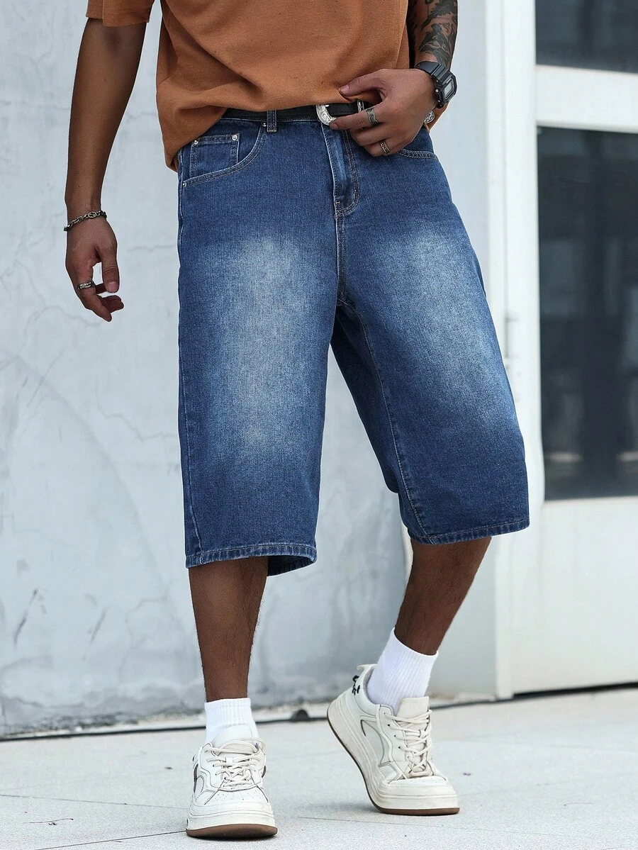 Manfinity Homme Quần short denim ống rộng Bermuda thoải mái cho nam có túi, quần baggy jorts cho nam, quần short denim ống rộng cho nam - Rửa tối - Xem 1