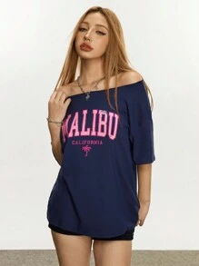 Rina Fox 女士字母印花露肩落袖宽松休闲 T 恤