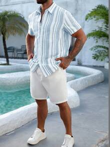 Manfinity RSRT 男士休闲拼色条纹短袖衬衫，夏季